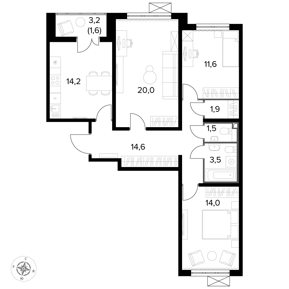 3 комн. квартира, 82.8 м², 3 этаж 