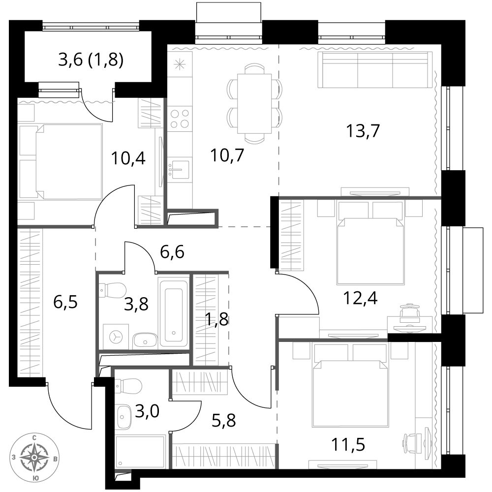 4 комн. квартира, 88 м², 4 этаж 