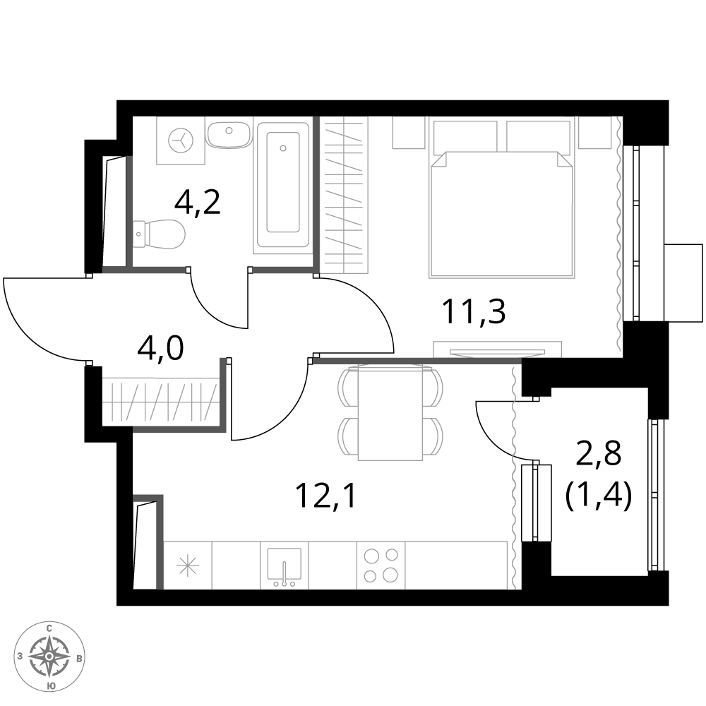 1 комн. квартира, 33 м², 25 этаж 