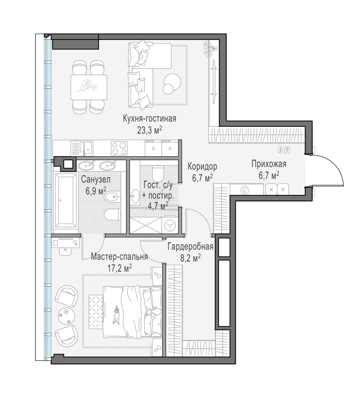 квартира со свободной планировкой, 73.6 м², 7 этаж 