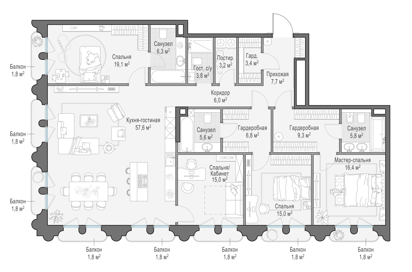 4 комн. квартира, 184.2 м², 4 этаж 