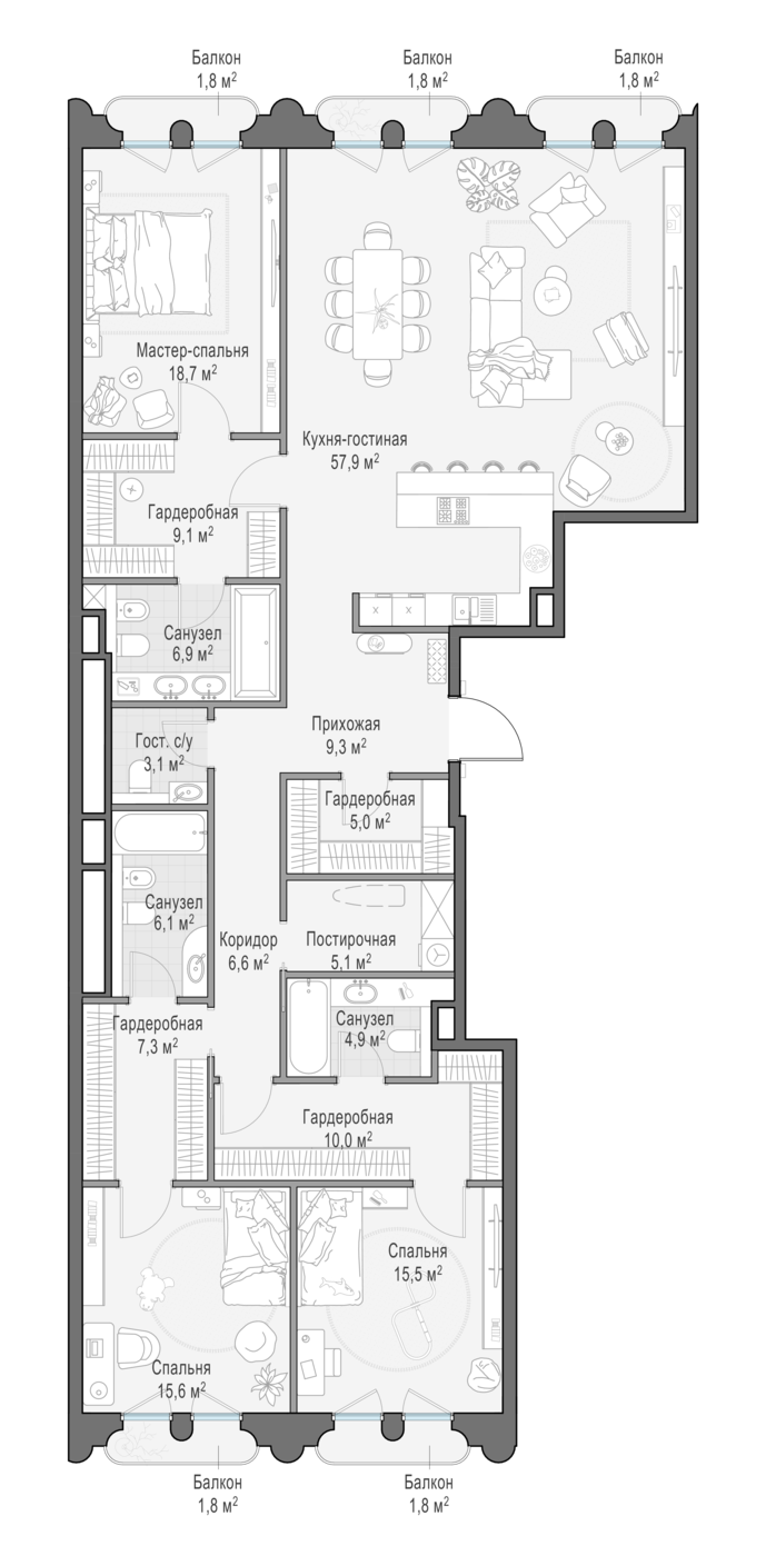 3 комн. квартира, 184.4 м², 8 этаж 