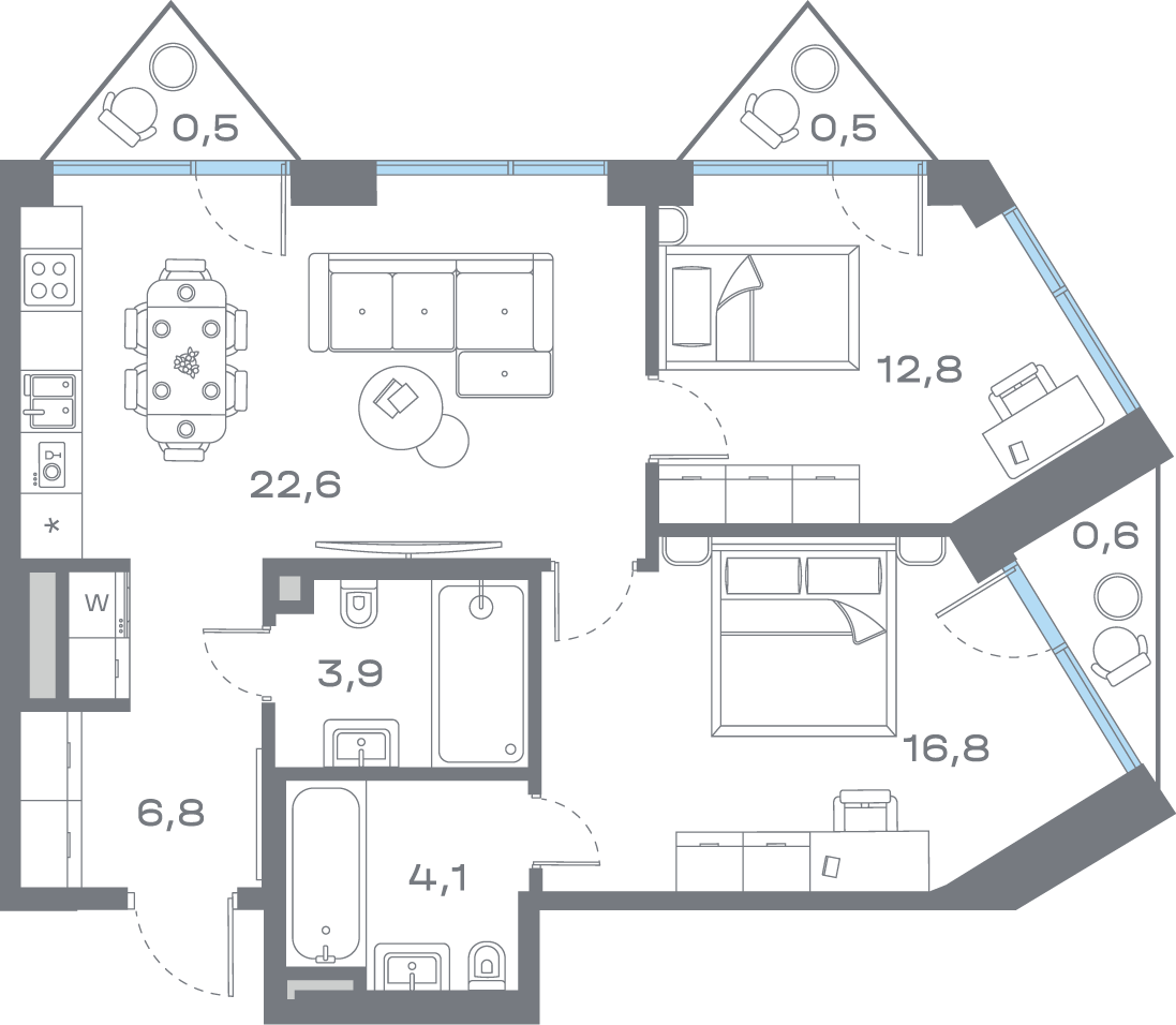 2 комн. квартира, 68.6 м², 9 этаж 