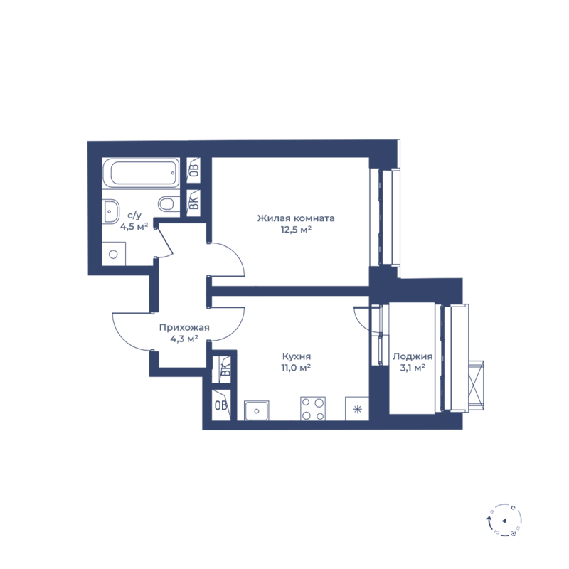 1 комн. квартира, 33.9 м², 7 этаж 