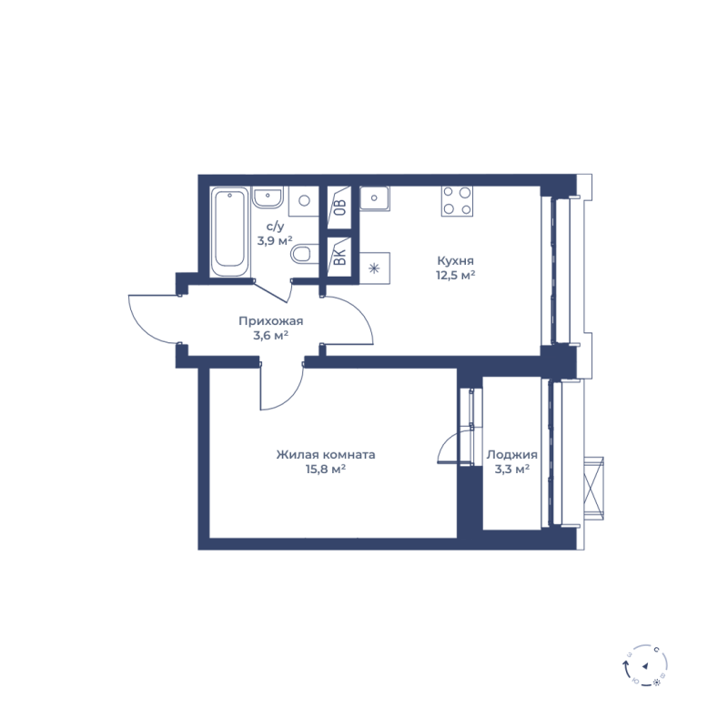 1 комн. квартира, 37.5 м², 2 этаж 