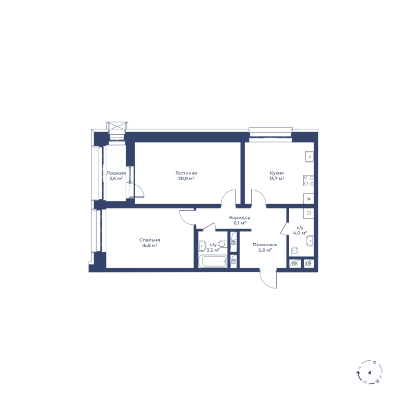 2 комн. квартира, 72.6 м², 2 этаж 