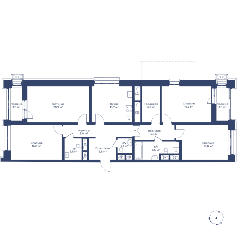 4 комн. квартира, 125.8 м², 13 этаж 