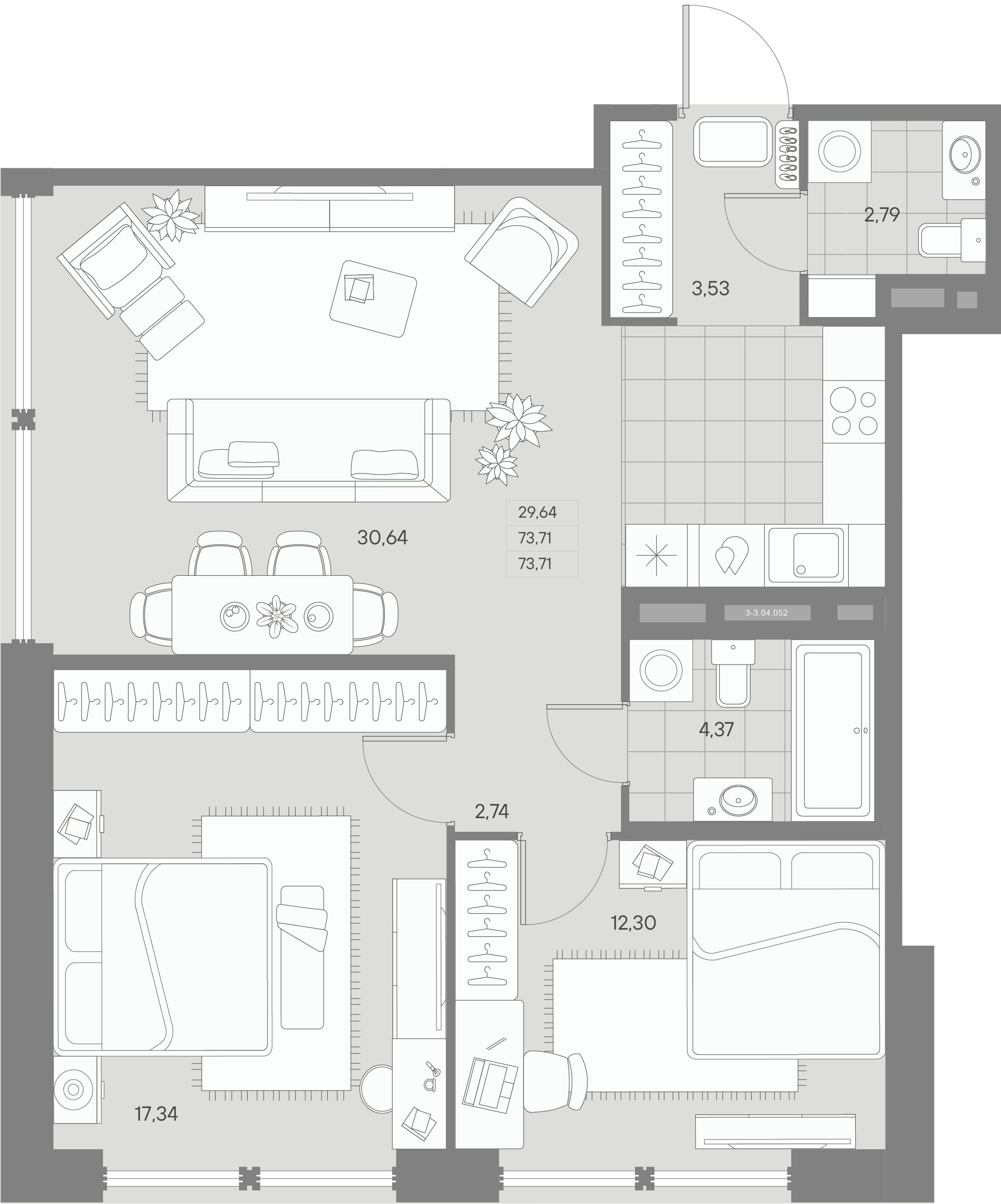 2 комн. квартира, 73.7 м², 4 этаж 