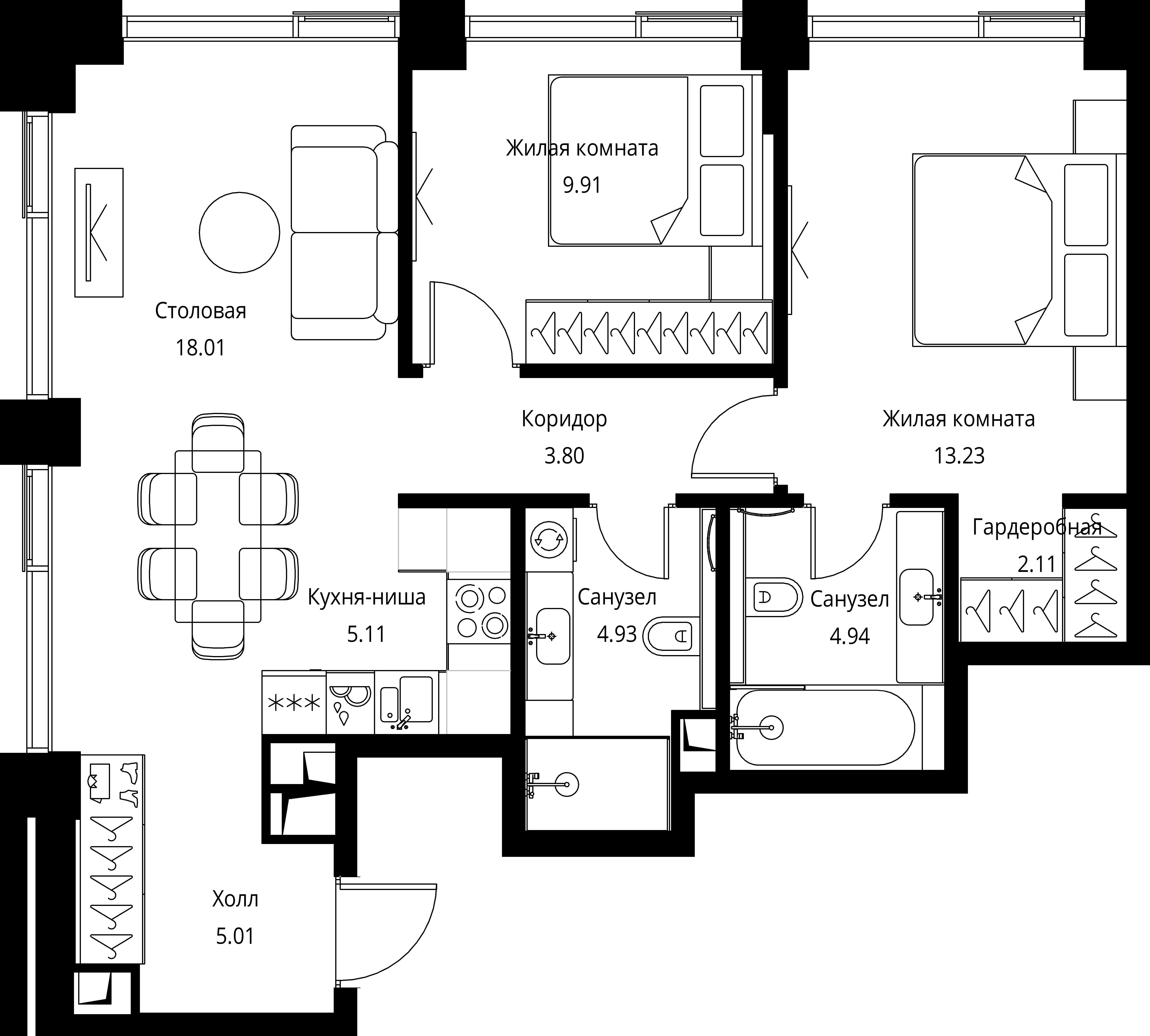 2 комн. квартира, 67 м², 18 этаж 