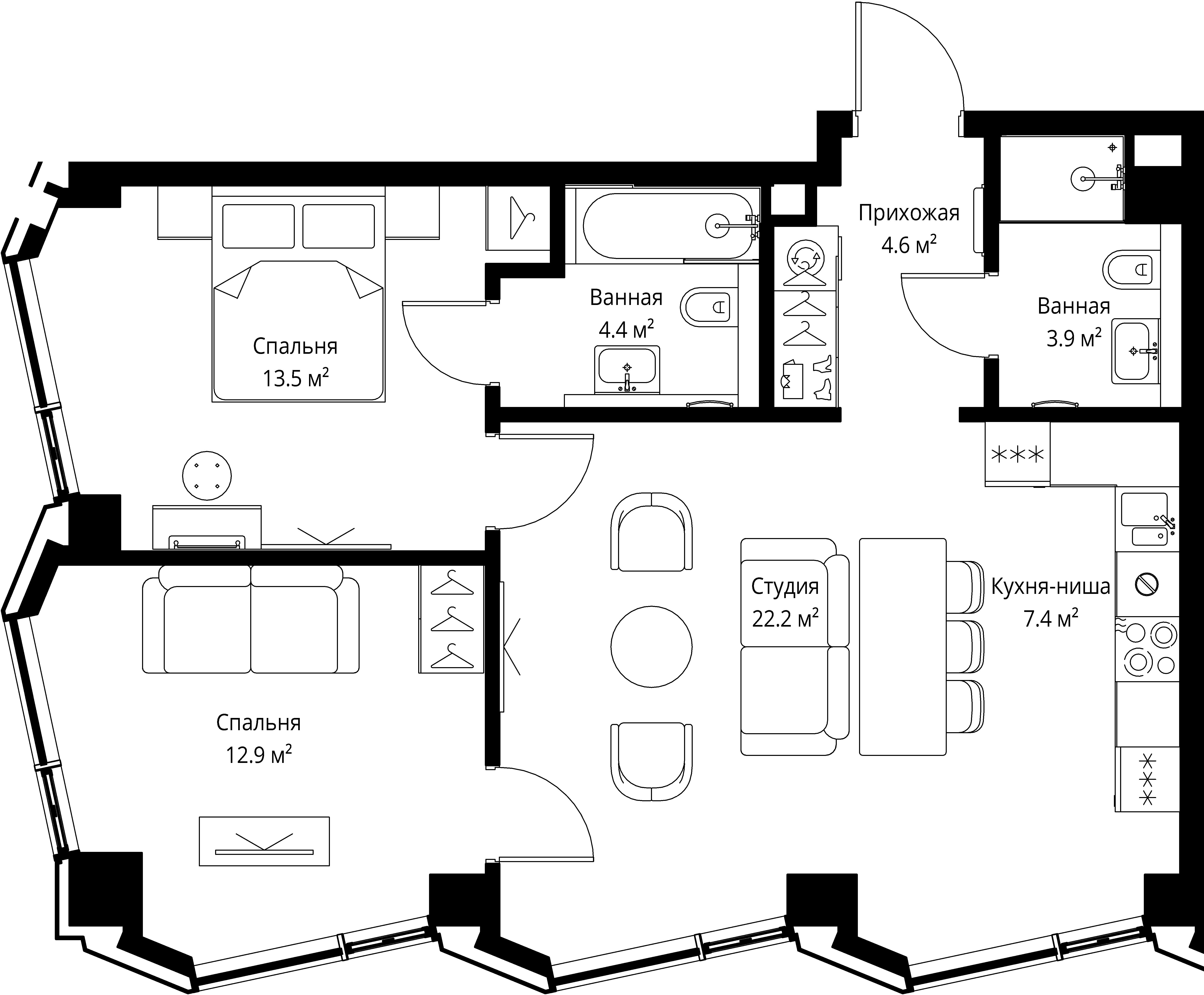2 комн. квартира, 68.9 м², 37 этаж 