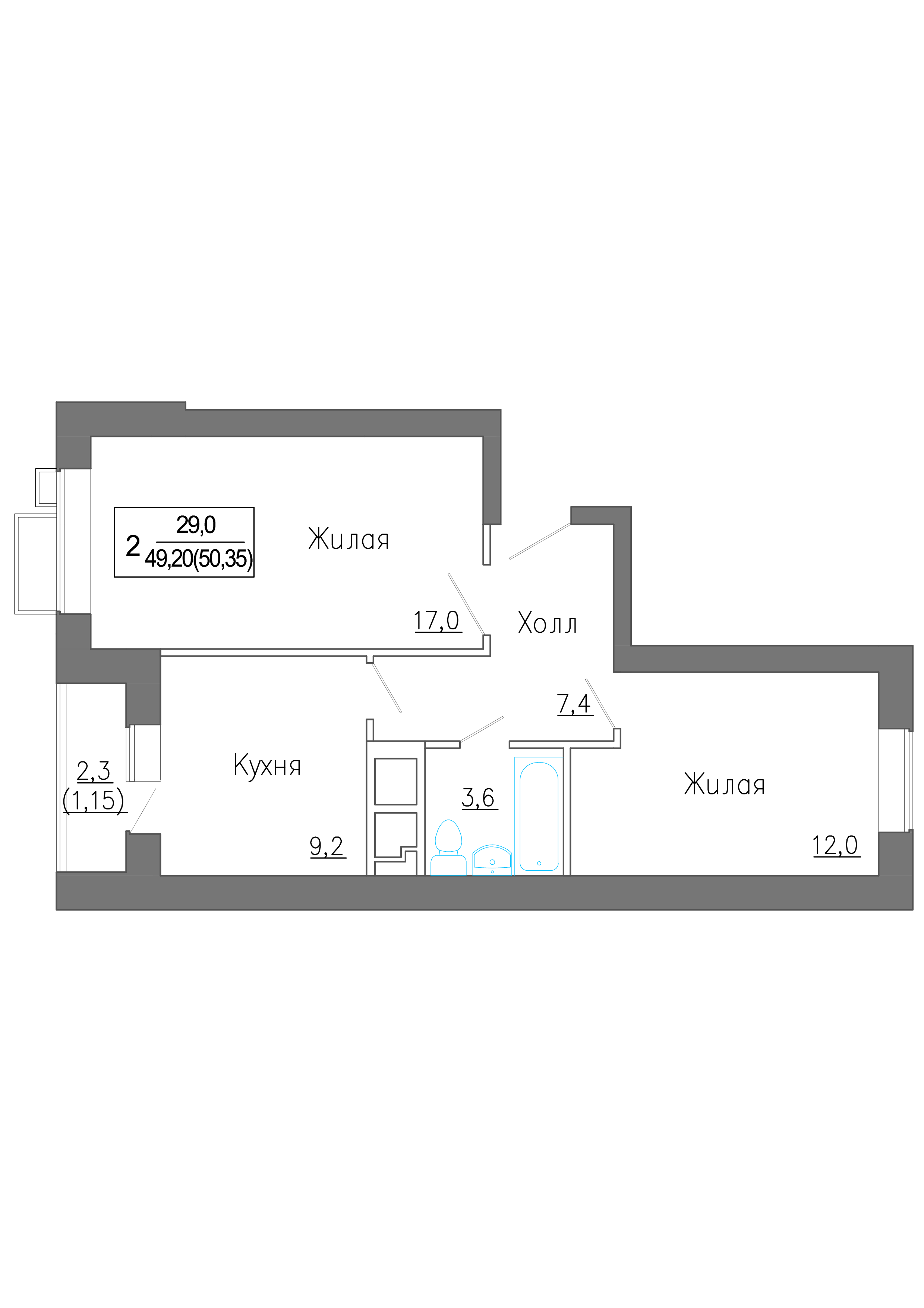 2 комн. квартира, 51.4 м², 3 этаж 