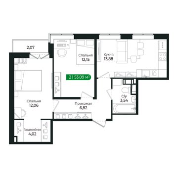2 комн. квартира, 53.1 м², 6 этаж 