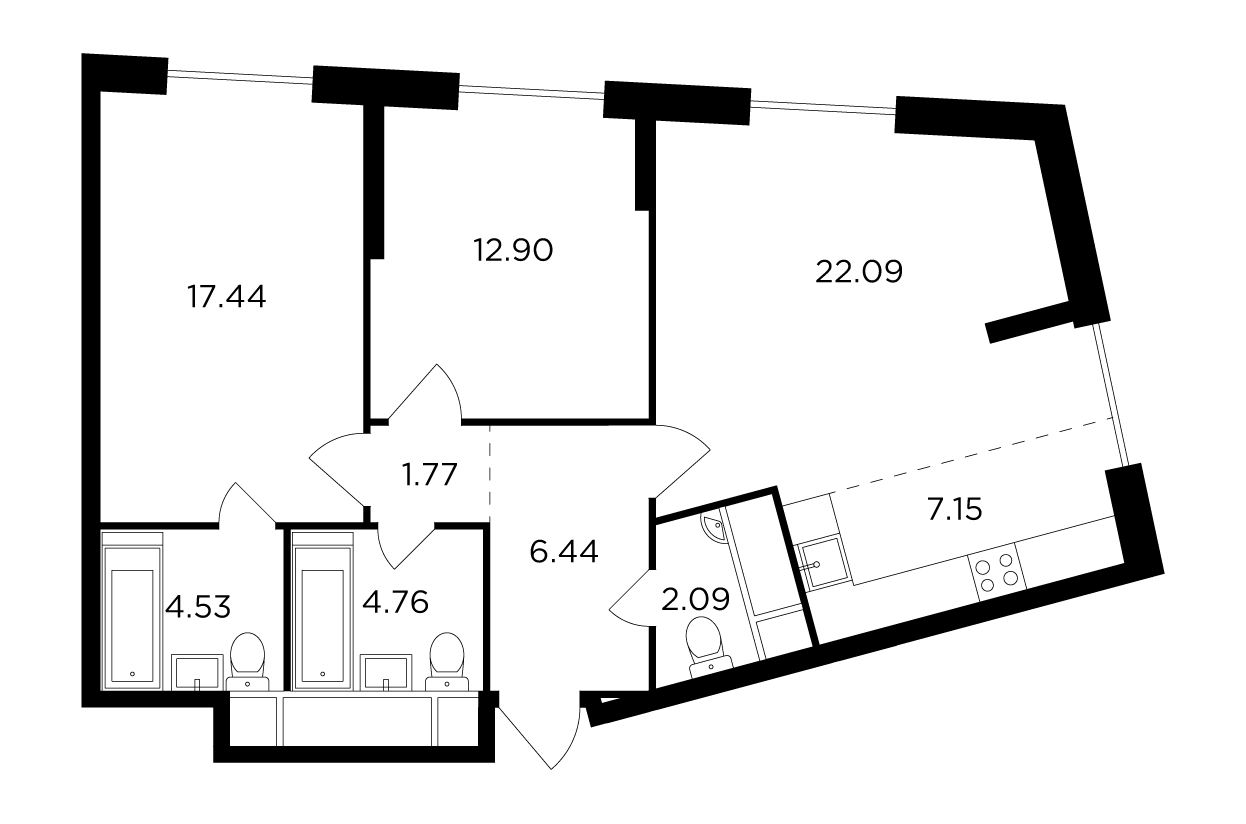 3 комн. квартира, 77.6 м², 30 этаж 