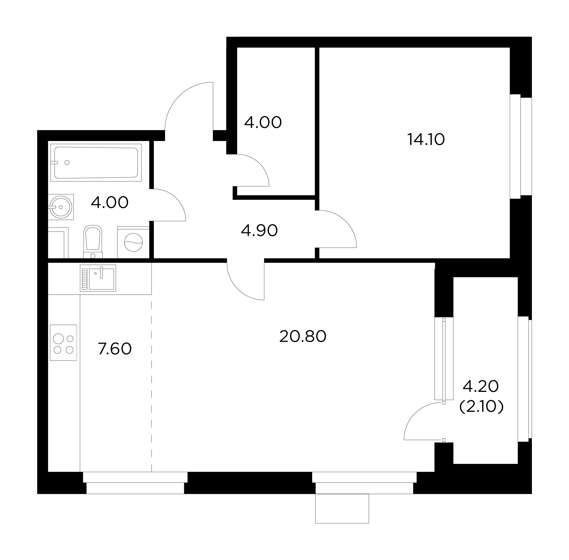2 комн. квартира, 57.5 м², 12 этаж 