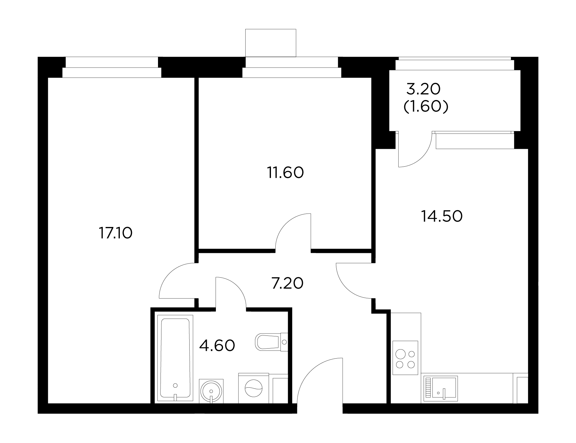 2 комн. квартира, 56.6 м², 13 этаж 