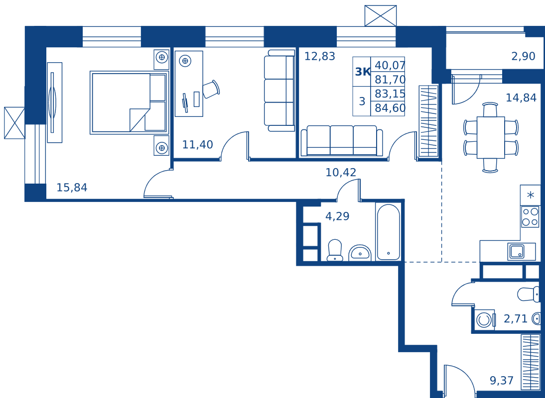 3 комн. квартира, 81.7 м², 4 этаж 