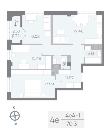 2 комн. квартира, 72.3 м², 6 этаж 
