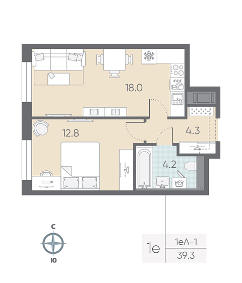 студия, 39.3 м², 10 этаж 