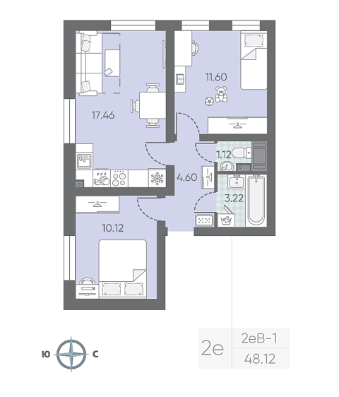 1 комн. квартира, 48.6 м², 18 этаж 
