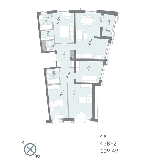 3 комн. квартира, 109.8 м², 5 этаж 