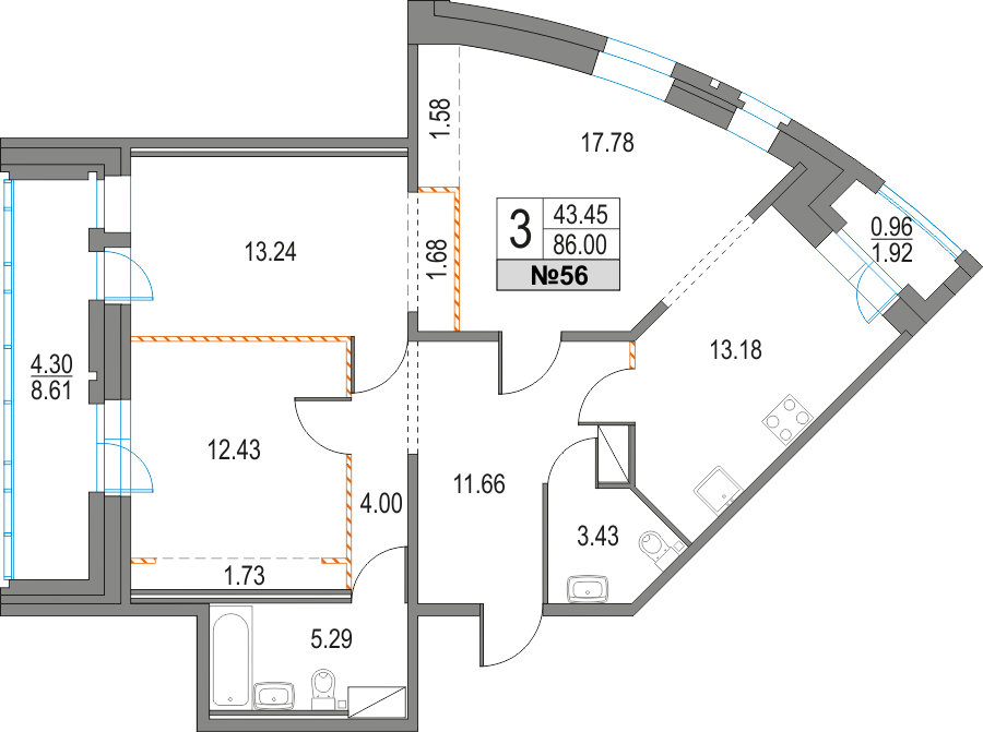 3 комн. квартира, 86 м², 13 этаж 