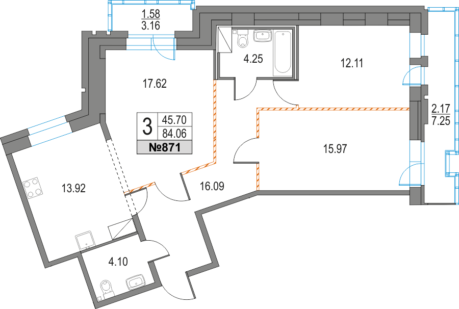 3 комн. квартира, 84.1 м², 17 этаж 