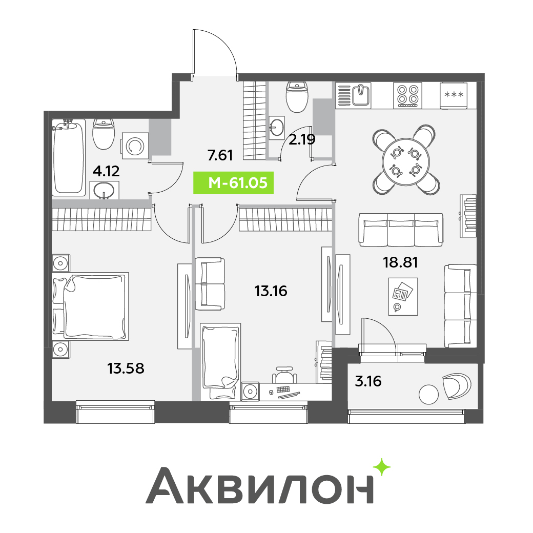 3 комн. квартира, 61 м², 7 этаж 