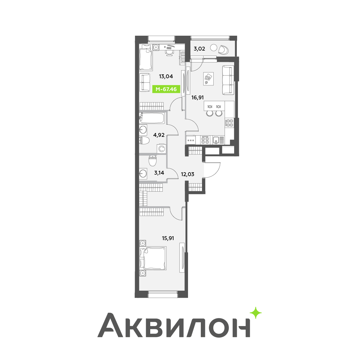 3 комн. квартира, 67.5 м², 1 этаж 