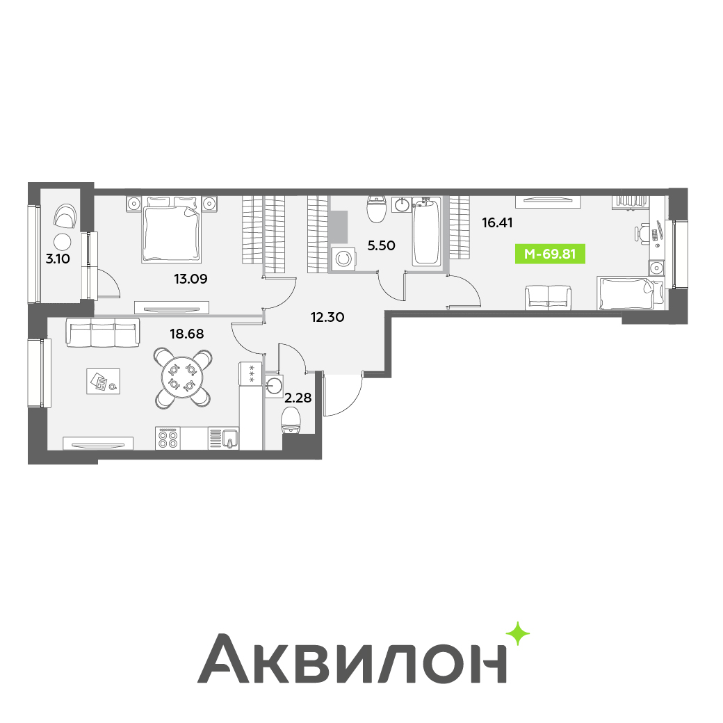 3 комн. квартира, 69.8 м², 12 этаж 