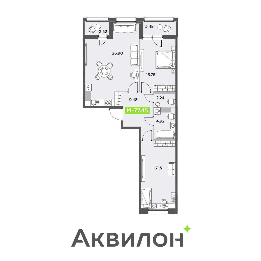 3 комн. квартира, 77.5 м², 9 этаж 