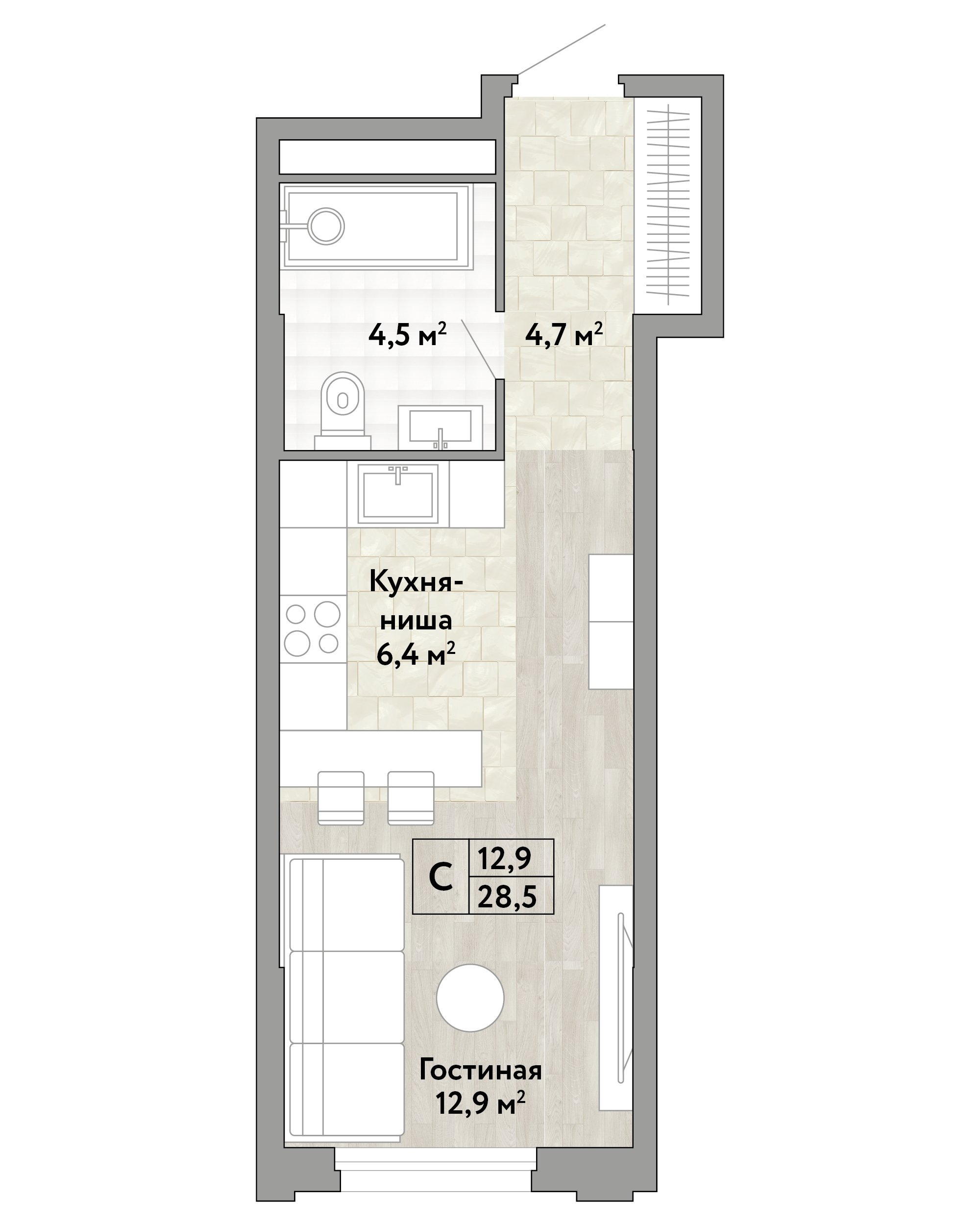 1 комн. квартира, 28.5 м², 10 этаж 