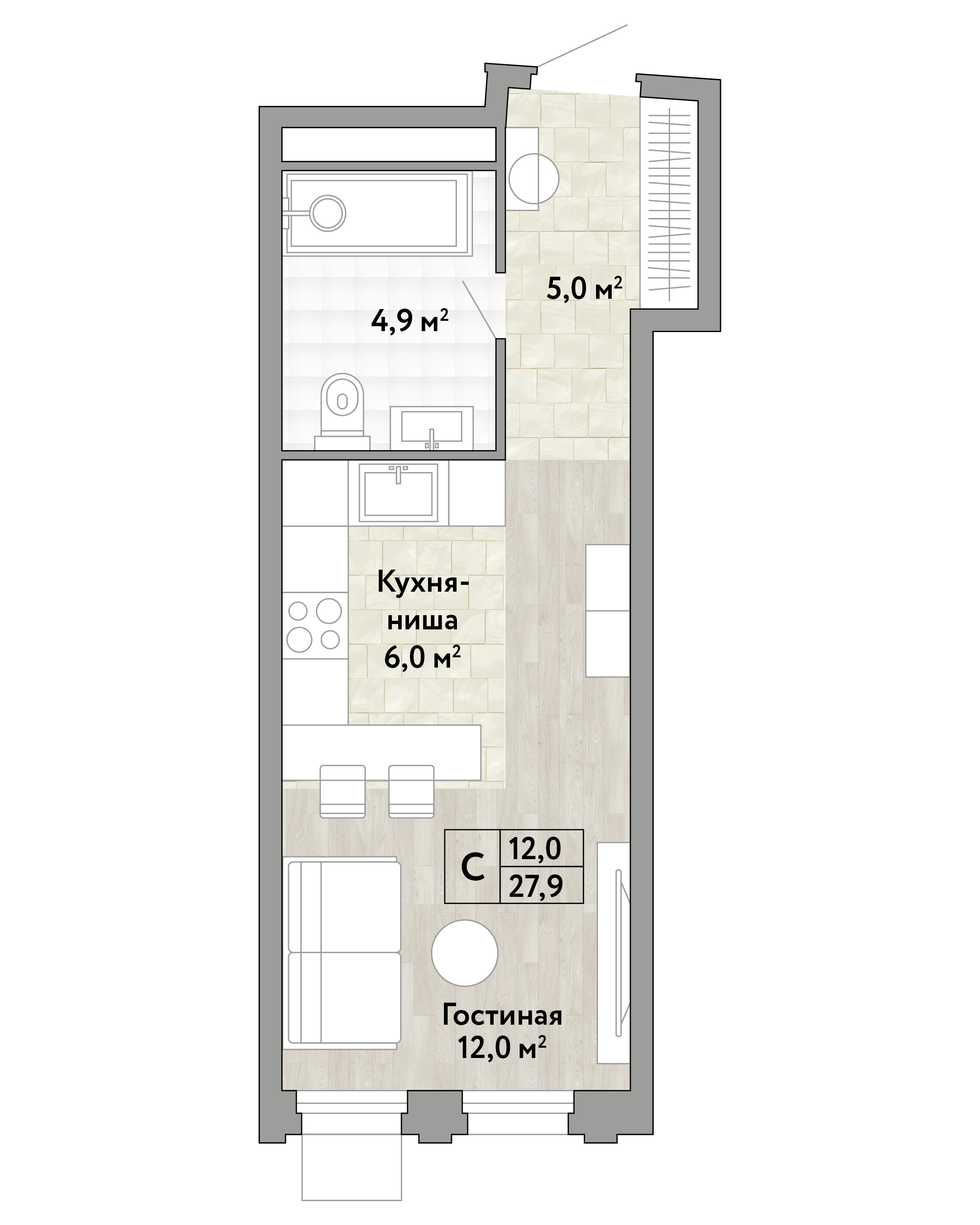 1 комн. квартира, 27.9 м², 22 этаж 