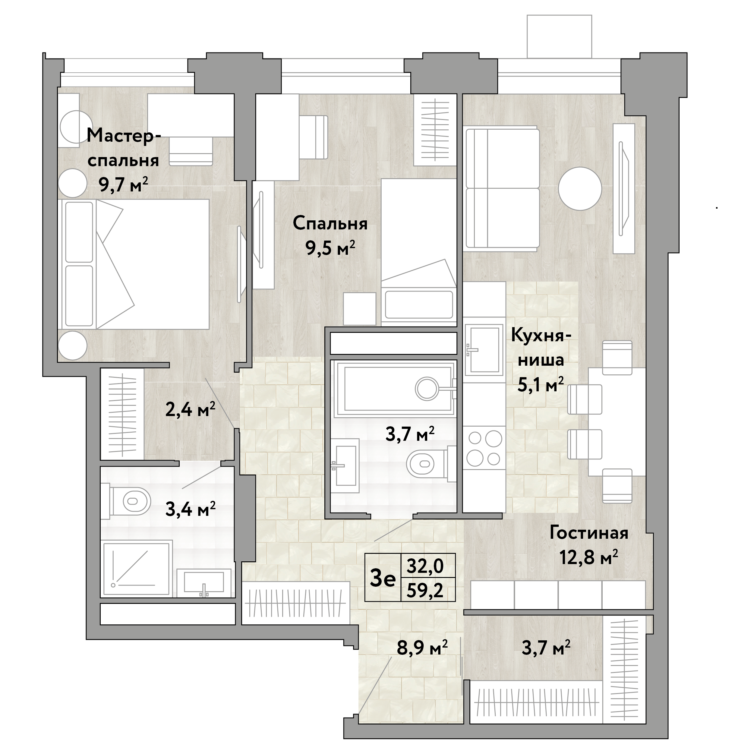 2 комн. квартира, 59.2 м², 13 этаж 
