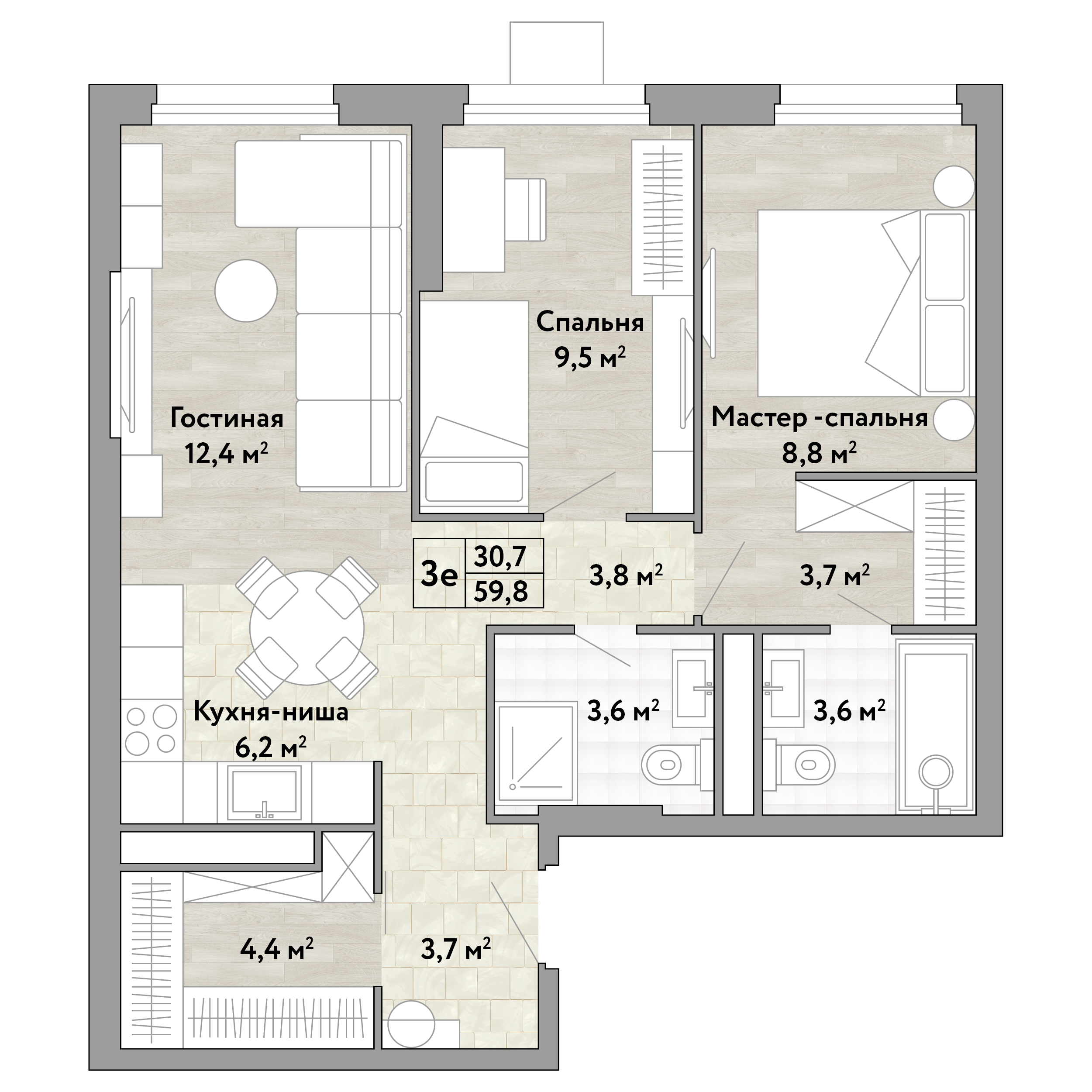 2 комн. квартира, 59.8 м², 2 этаж 