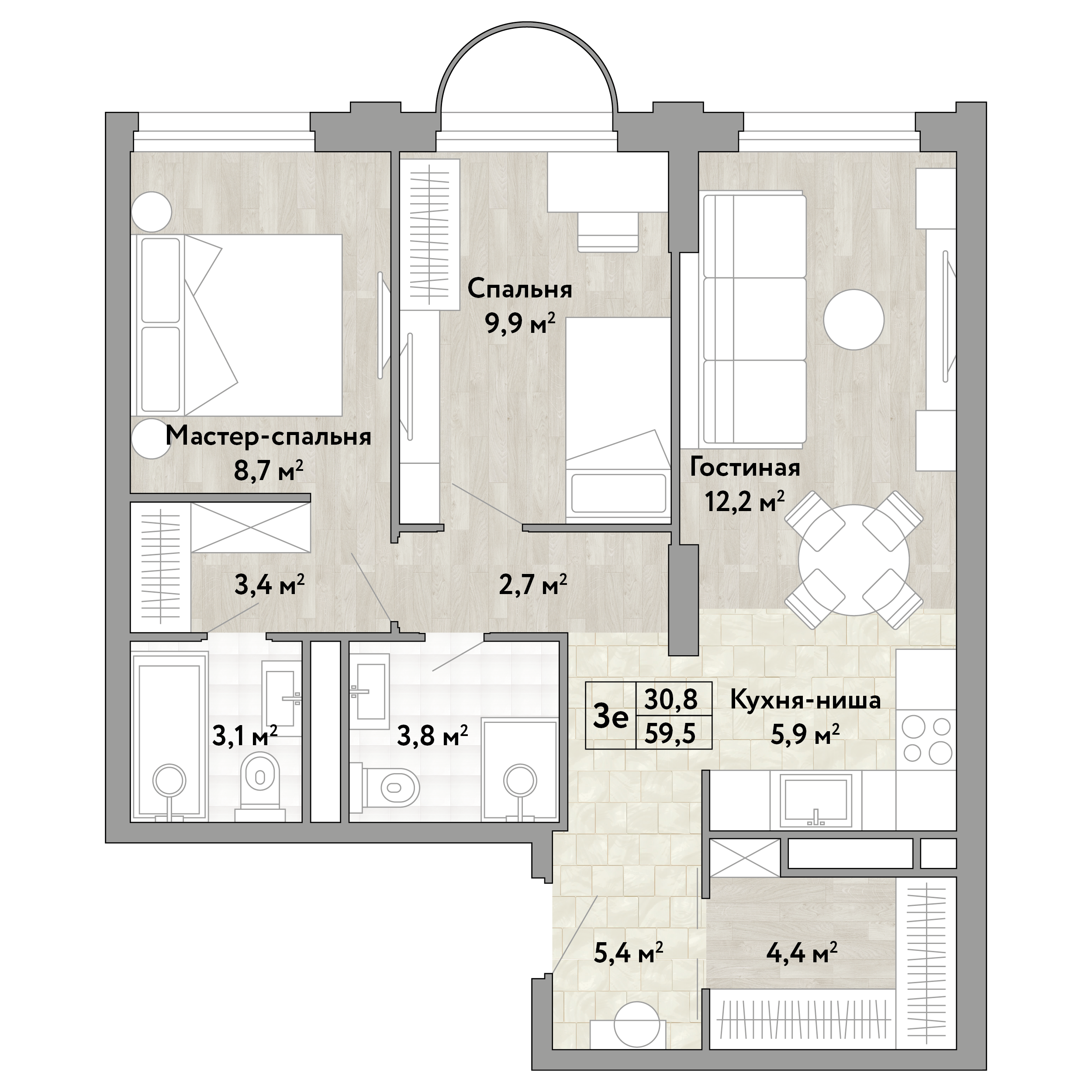 2 комн. квартира, 59.5 м², 2 этаж 