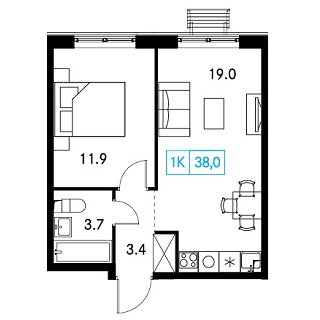 1 комн. квартира, 38 м², 17 этаж 