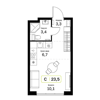 студия, 23.5 м², 13 этаж 