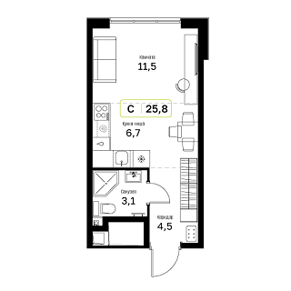 1 комн. квартира, 25.8 м², 3 этаж 