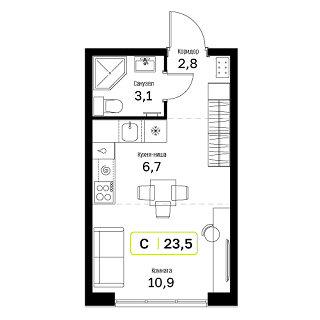 студия, 23.5 м², 4 этаж 