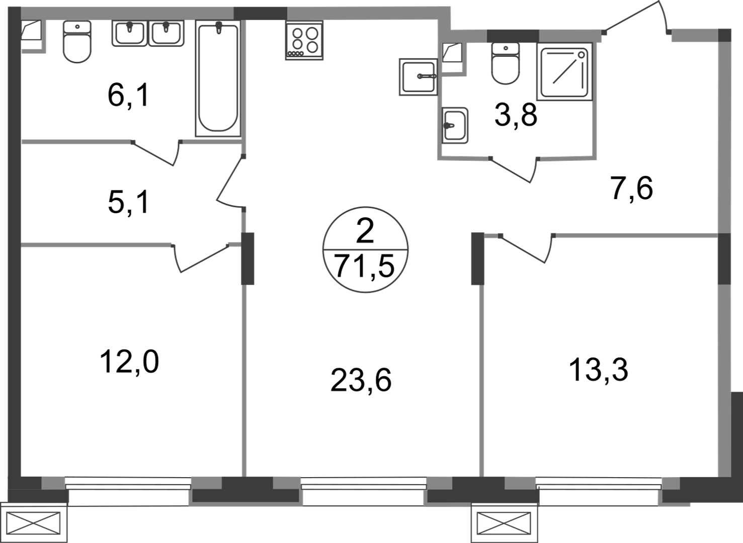 2 комн. квартира, 71.5 м², 1 этаж  (из 9)