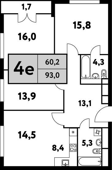 4 комн. квартира, 93 м², 32 этаж 