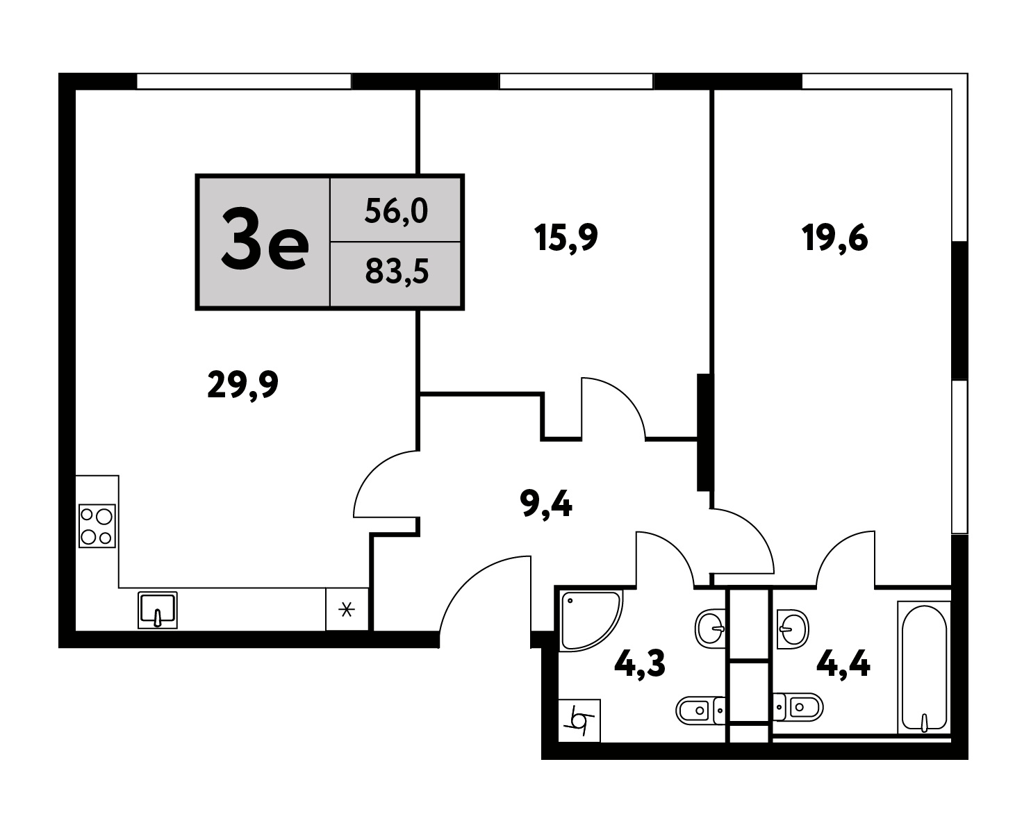 3 комн. квартира, 83.9 м², 31 этаж 