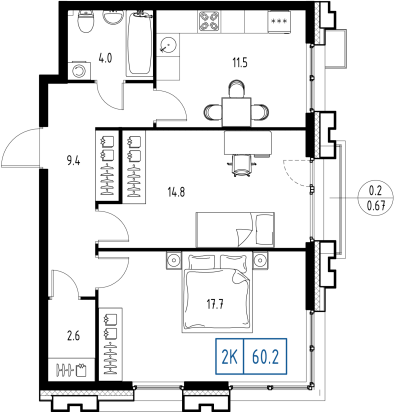 2 комн. квартира, 60.2 м², 8 этаж 
