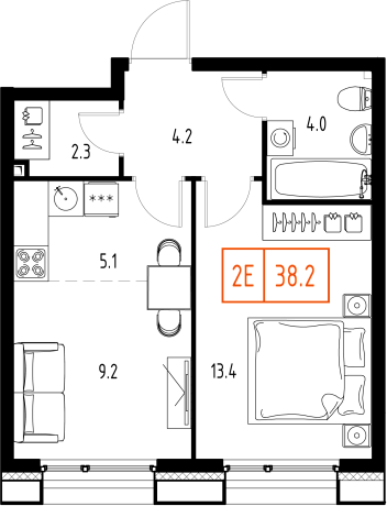 1 комн. квартира, 38.2 м², 8 этаж 