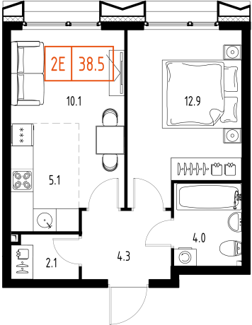 1 комн. квартира, 38.5 м², 6 этаж 