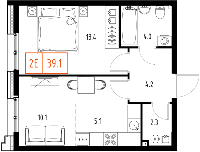 1 комн. квартира, 39.1 м², 2 этаж 