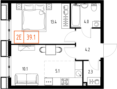1 комн. квартира, 39.1 м², 5 этаж 