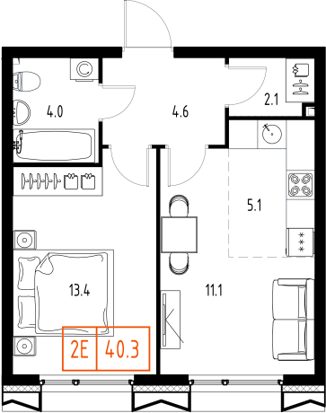 1 комн. квартира, 40.3 м², 6 этаж 