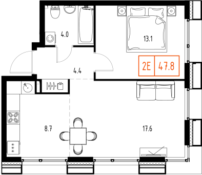 2 комн. квартира, 47.8 м², 4 этаж 