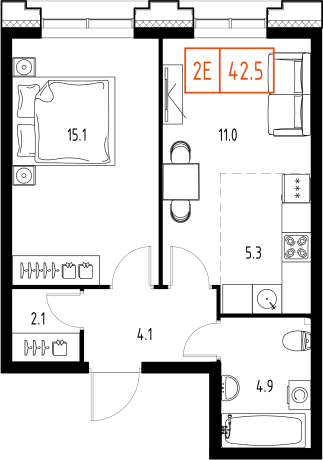 1 комн. квартира, 42.5 м², 9 этаж 